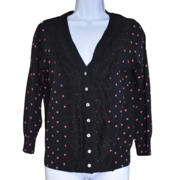 VTG Charlotte Polka Dot Cardigan Sweater L Black Pink Lace Front Rockabilly - Picture 1 of 15